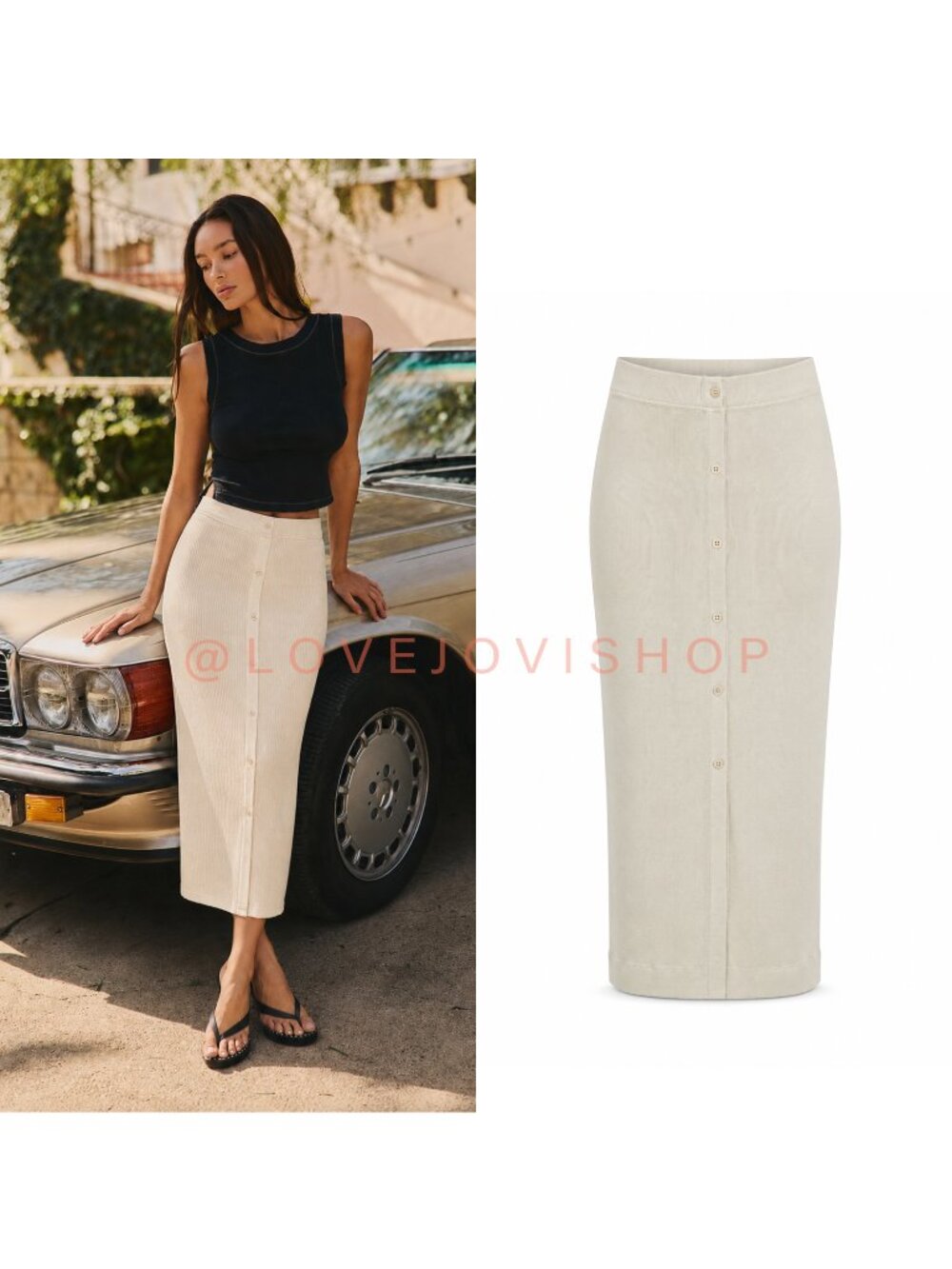 Skirt | Melrose and Market Cream Fitted Ribbed Midi | Faux Button Front | NWT XS